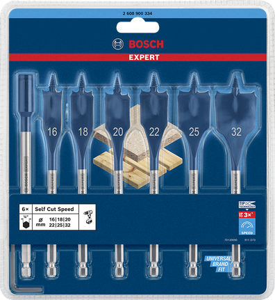 Bộ mũi khoan đuôi cá EXPERT Self Cut Speed 16/18/20/22/25/32 mm, 7 chi tiết Bộ mũi khoan xẻng Bosch Expert Self Cut Speed 16–32 mm.