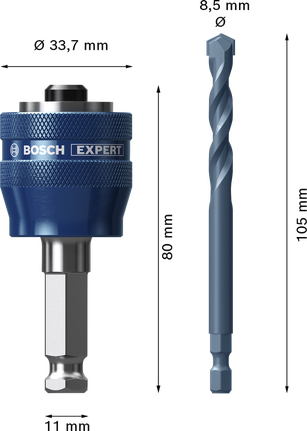 Trục gài hệ thống lưỡi khoét lỗ EXPERT Power Change Plus 11 mm, Mũi khoan TCT 8,5 x 105 mm, 2 chi tiết Hệ thống cưa lỗ Bosch EXPERT Power Change Plus với trục và mũi khoan TCT 8,5 mm.