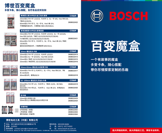 Bộ mũi khoan và mũi vít với danh sách chi tiết về kích thước và loại được trình bày theo dạng catalog.