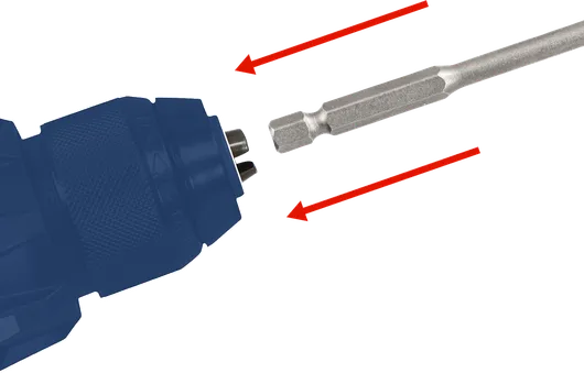 Mũi khoan đang được đưa vào đầu kẹp với các mũi tên màu đỏ chỉ ra chuyển động.