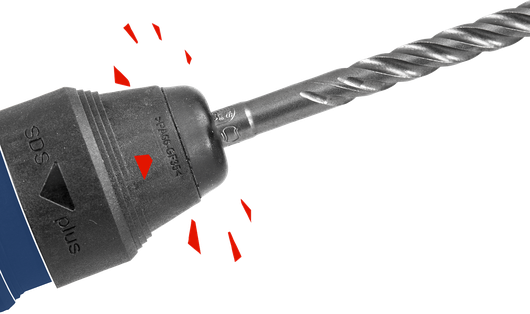 Mũi khoan búa quay gắn vào đầu kẹp để thực hiện các nhiệm vụ khoan nặng.