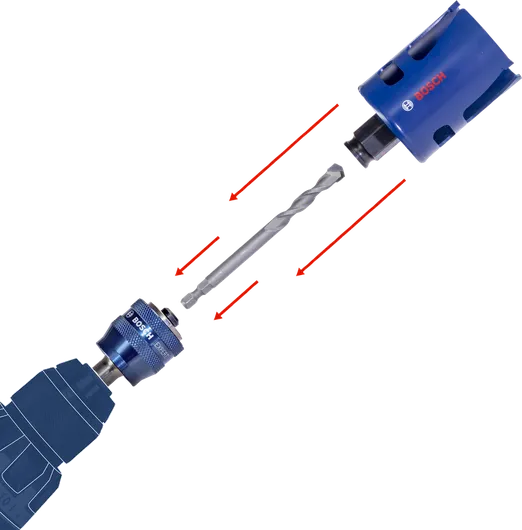 Máy khoan điện được trang bị đầu cắt lỗ để cắt lỗ chính xác.