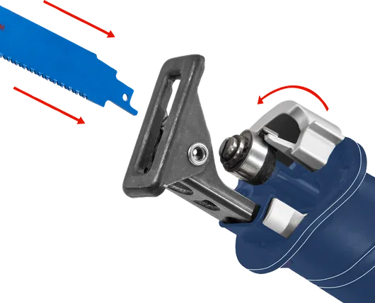 Cưa lọng có lưỡi cưa màu xanh tách rời được định vị để lắp đặt.