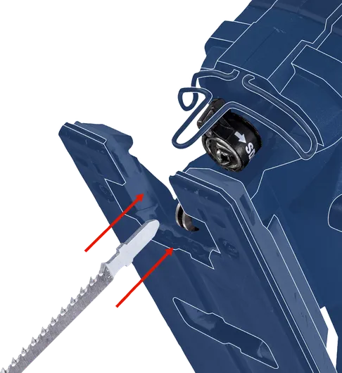 Lưỡi cưa lọng được lắp vào dụng cụ có hướng dẫn lắp ráp đã được phác thảo.