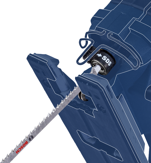 Cận cảnh một dụng cụ cưa lọng cho thấy cách lắp lưỡi cưa bằng hệ thống thay lưỡi cưa nhanh SDS.