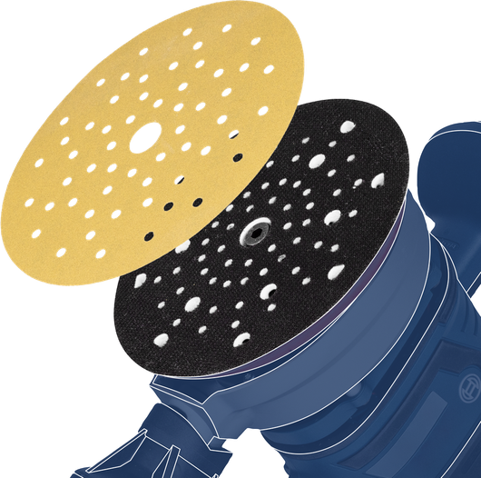 Đĩa chà nhám được căn chỉnh trên miếng đệm dụng cụ điện tròn.