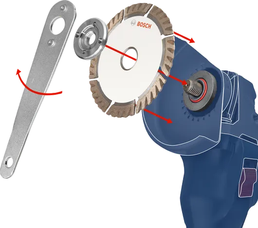 Lưỡi cưa kim cương và cụm dụng cụ khóa được thể hiện cho máy mài cầm tay.