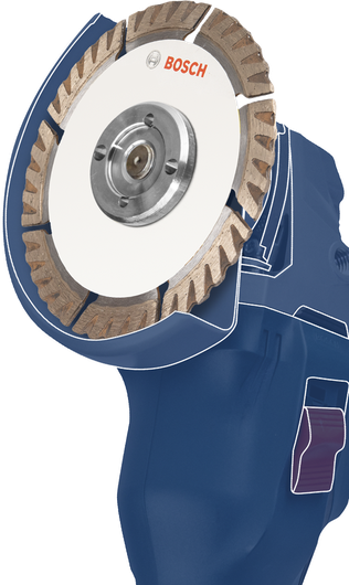 Máy mài góc có gắn lưỡi cắt kim cương, thân máy được hiển thị màu xanh lam.