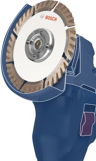 Máy mài góc có gắn lưỡi cắt kim cương, thân máy được hiển thị màu xanh lam.