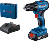 Máy khoan pin Bosch GSR 185-LI kèm pin và hộp đựng.