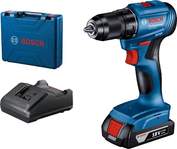 Máy khoan pin Bosch GSR 185-LI kèm pin và hộp đựng.