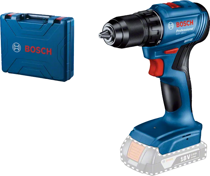 Máy khoan pin Bosch GSR 185-LI có hộp đựng.