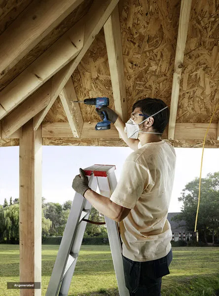 Một người đàn ông mặc đồ bảo hộ đang khoan vào một thanh gỗ trong khi đứng trên thang.