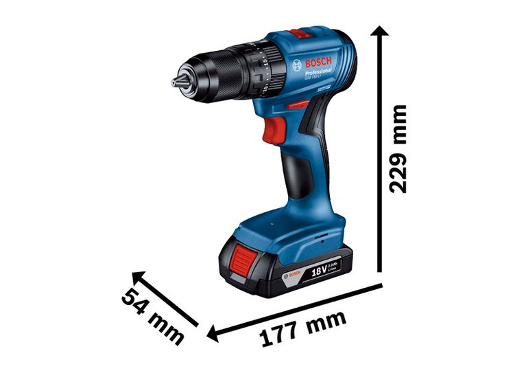 Kích thước máy khoan pin Bosch GSB 185-LI, 18V 2.0Ah.