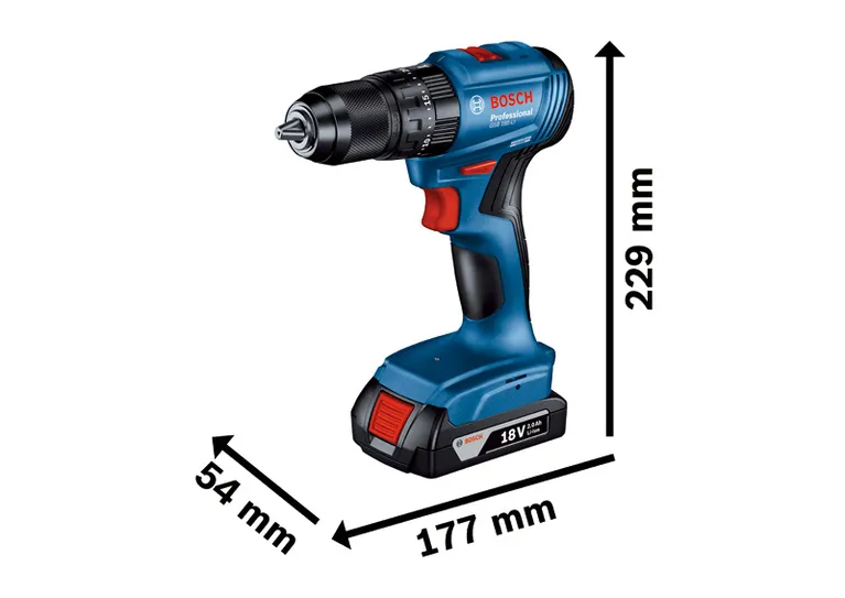 Kích thước máy khoan pin Bosch GSB 185-LI, 18V 2.0Ah.
