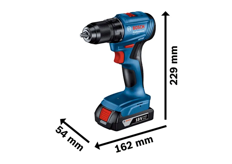 Kích thước máy khoan pin Bosch GSR 185-LI, 18V 2.0Ah.