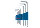 Bộ chìa khóa lục giác Bosch 9 món, được sắp xếp trong hộp đựng màu xanh.