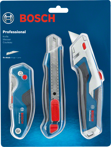 Bộ dao Bosch 3 món, lưỡi dao đa năng và lưỡi dao tháo rời.