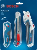 Bộ dao Bosch 3 món, lưỡi dao đa năng và lưỡi dao tháo rời.