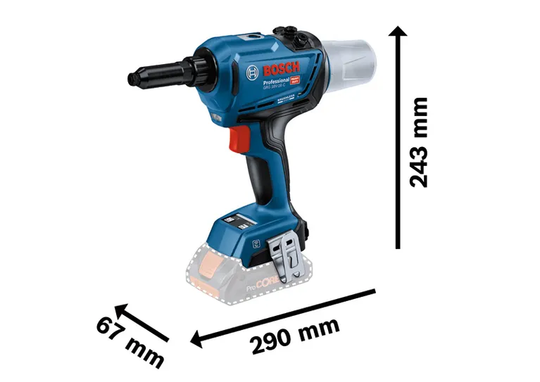 Dụng cụ bắn đinh tán dùng pin Bosch GRG 18V-16 C có kích thước.
