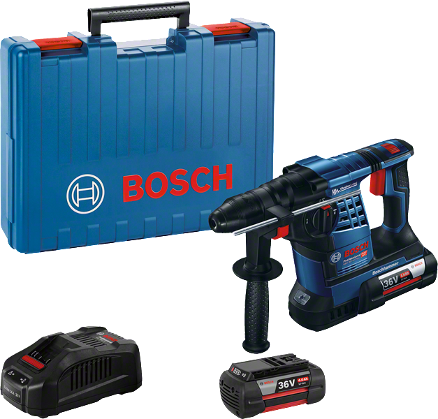 Máy khoan búa dùng pin Bosch GBH 36 V-LI Plus có hộp đựng.