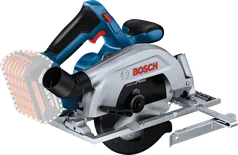 Máy cưa đĩa dùng pin Bosch GKS 185-LI có lưỡi cưa và thanh dẫn hướng.