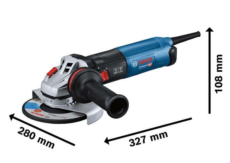 Máy mài góc Bosch GWS 17-150 S có tay cầm và thông số kỹ thuật về kích thước.