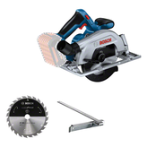 Máy cưa đĩa dùng pin Bosch GKS 185-LI có lưỡi cưa và thanh dẫn hướng.