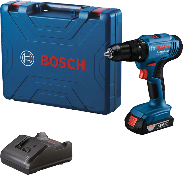 Bộ máy khoan pin Bosch GSB 18V-45 kèm hộp đựng và bộ sạc.