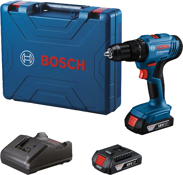 Bộ máy khoan pin Bosch GSB 18V-45 kèm hộp đựng và bộ sạc.