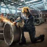 Một người mặc thiết bị an toàn mài mép của một ống kim loại lớn, tạo ra tia lửa.