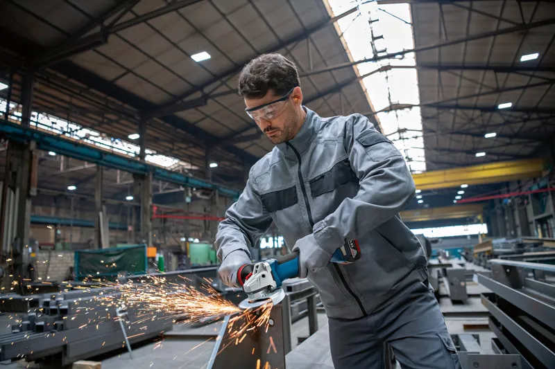 Một người mặc đồ bảo hộ đang mài kim loại, tạo ra tia lửa trong một xưởng công nghiệp.