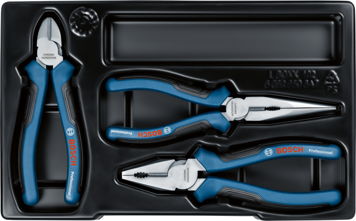 Bộ kìm 3 món Bosch đựng trong khay nhựa.