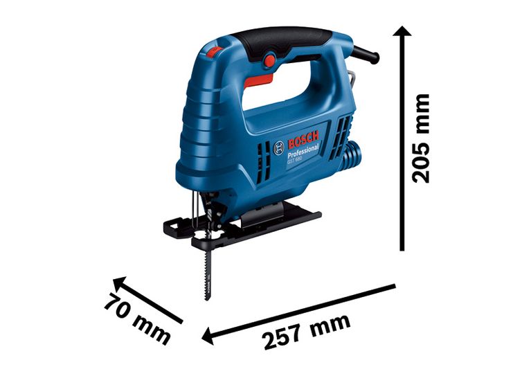 Máy cưa lọng Bosch GST 680 có chiều cao 205 mm và chiều dài 257 mm.