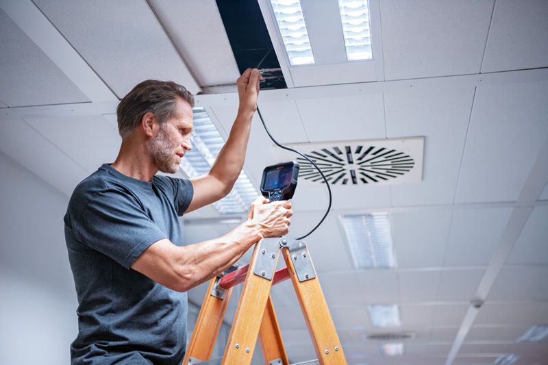 GIC 5-27 C Một người đứng trên thang đang kiểm tra tấm trần nhà bằng camera kiểm tra.