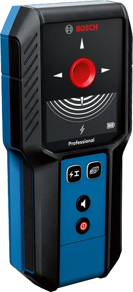 Máy dò Bosch GMS 120-27 có thể phát hiện kim loại và dây điện đang hoạt động.