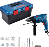 Bộ máy khoan Bosch GSB 600 kèm hộp đựng dụng cụ và phụ kiện.