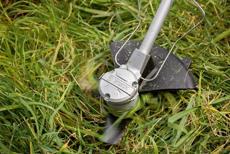 Máy cắt cỏ không dây cắt cỏ cao bằng lưỡi cắt quay.