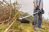Một người mặc đồ bảo hộ đang cắt cỏ và bụi rậm bằng máy cắt cỏ không dây.