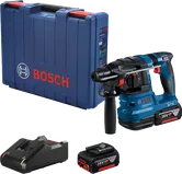 Máy khoan búa dùng pin Bosch GBH 185-LI kèm pin, bộ sạc và hộp đựng.