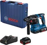Máy khoan búa dùng pin Bosch GBH 185-LI kèm pin, bộ sạc và hộp đựng.