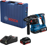 Máy khoan búa dùng pin Bosch GBH 185-LI kèm pin, bộ sạc và hộp đựng.