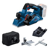 Máy bào dùng pin Bosch GHO 185-LI có túi đựng bụi và phụ kiện.