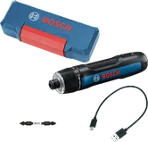 Máy vặn vít không dây Bosch Go 3 có hộp đựng và cáp USB.