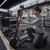 Một người đang quỳ xuống và sử dụng tua vít không dây để sửa chữa một chiếc xe tay ga điện.