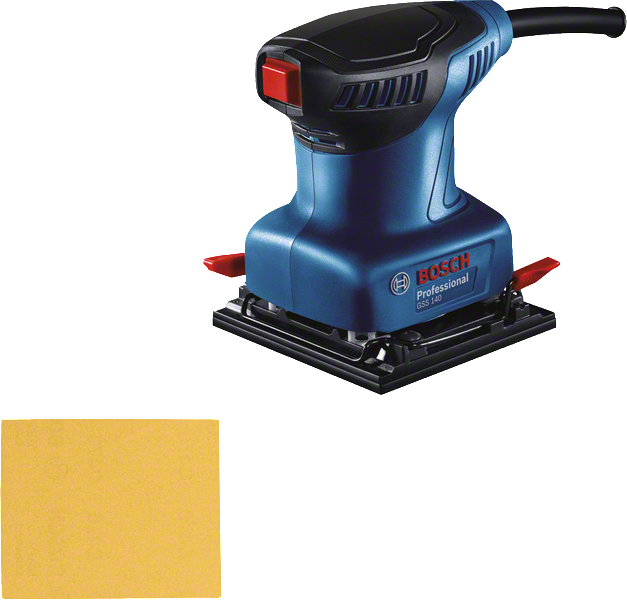 Máy chà nhám quỹ đạo Bosch GSS 140 có kèm giấy nhám.