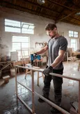 Một người mặc đồ bảo hộ đang khoan vào khung gỗ trong xưởng.