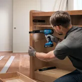 Người đeo thiết bị an toàn lắp thanh trượt ngăn kéo bằng máy khoan không dây.
