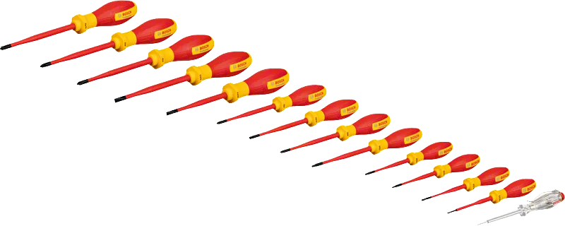 Bộ tua vít Bosch VDE gồm 14 chi tiết có tay cầm cách điện.
