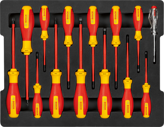 Bộ tua vít Bosch VDE 14 chi tiết, hộp đã mở.